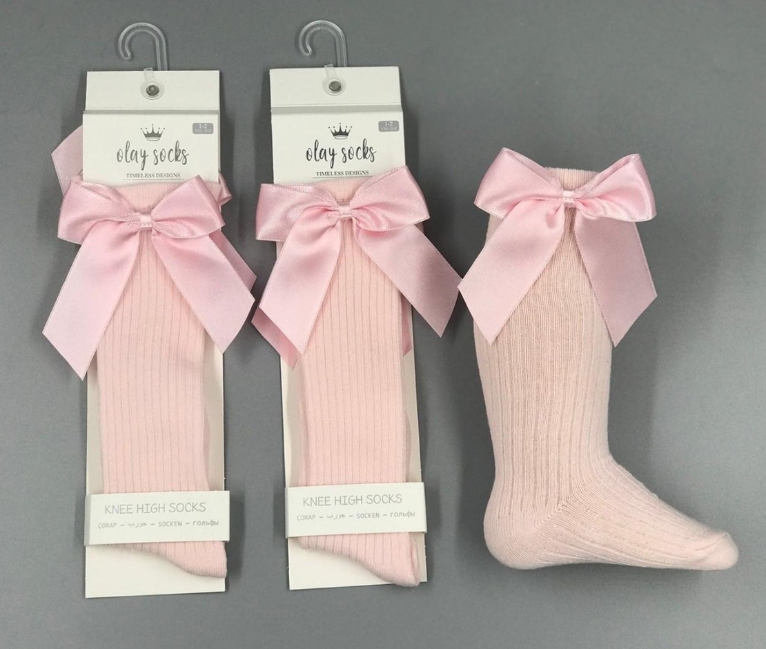 Детски чорапи до коляното с панделка - розови