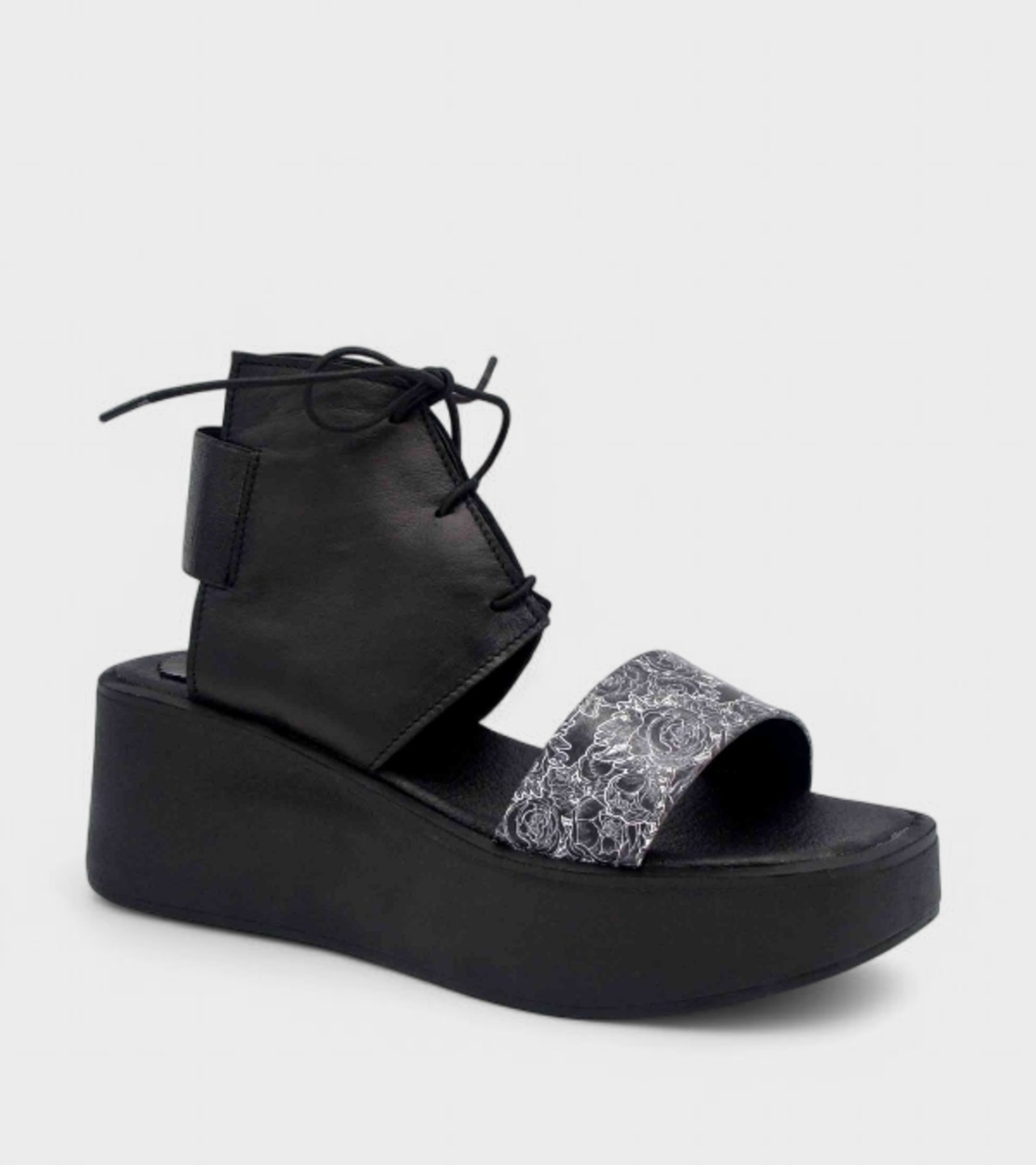Дамски Сандали на Платформа 22258-1457 Nero – Черни, Естествена Кожа, Флорален Дизайн