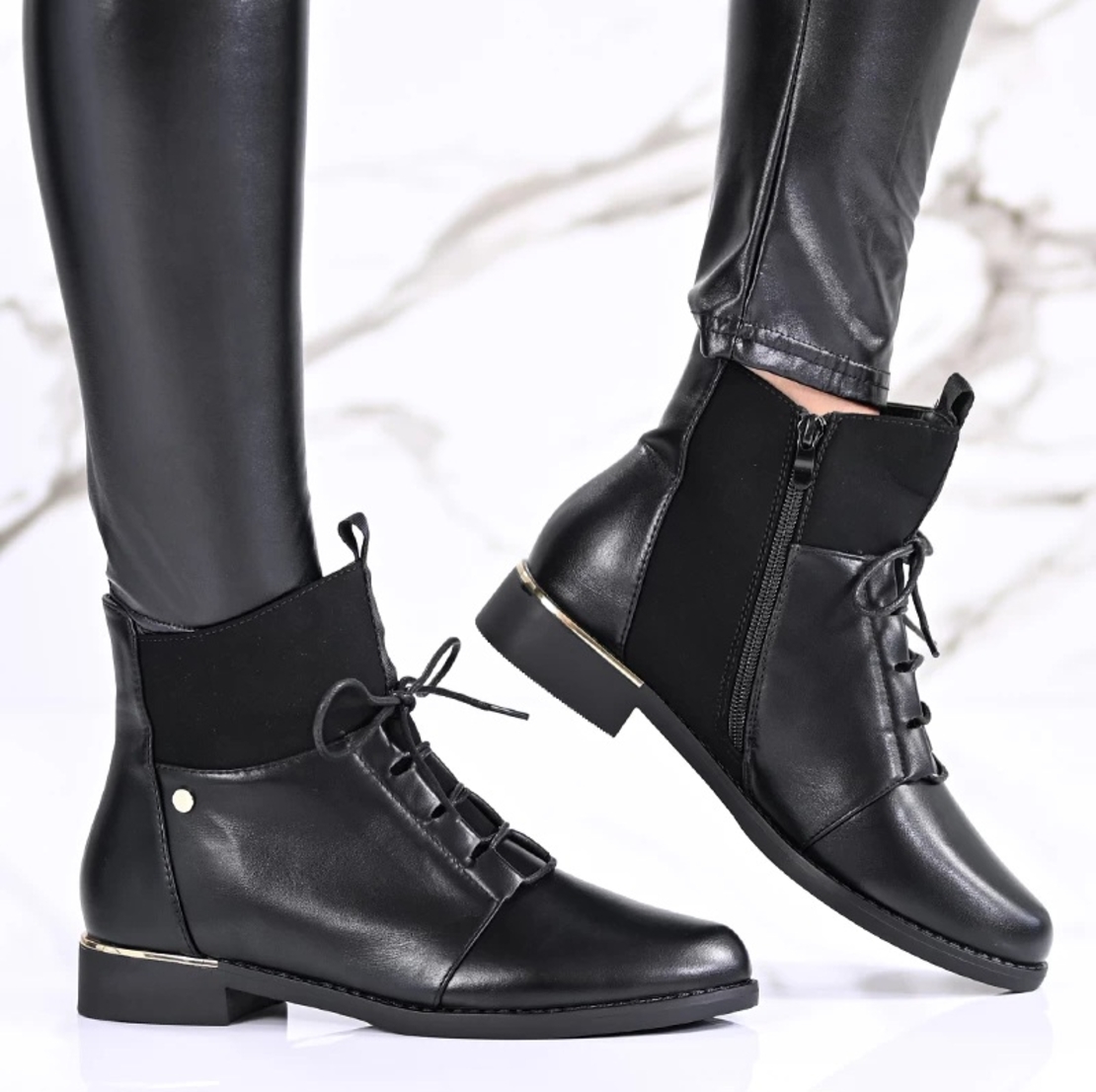 Дамски елегантни боти от кожа с връзки и цип модел: B4101-2 black