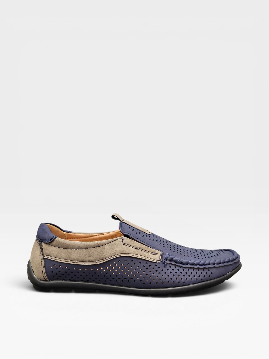 Мъжки мокасини с перфорация в тъмносиньо и бежово S571-2 blue