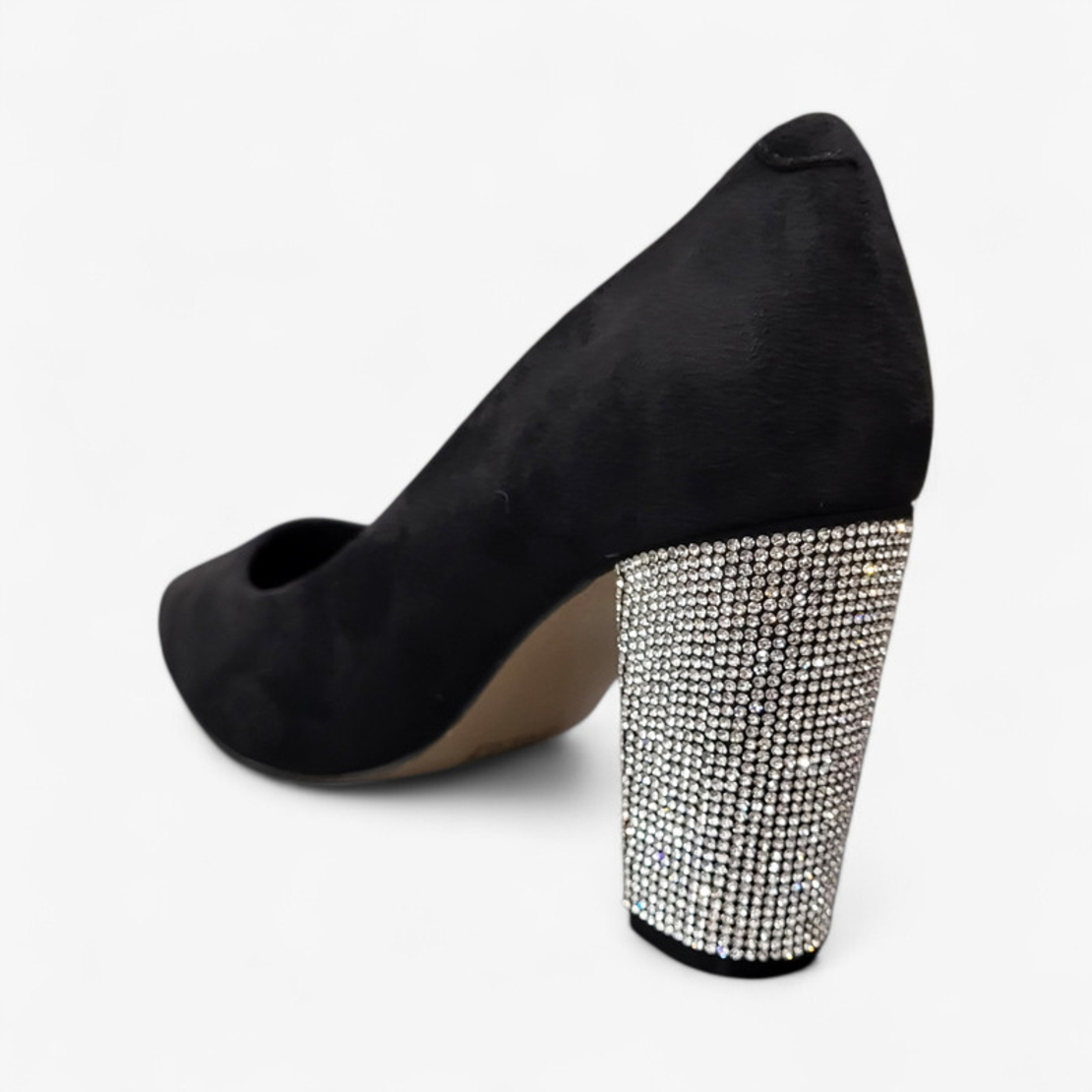 Дамски обувки на ток с камъни - Черен велур и бляскав акцент | T627 black