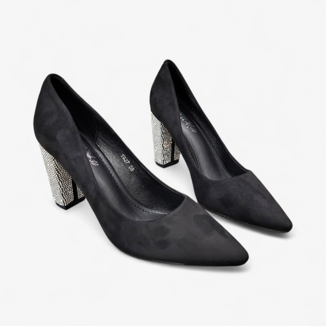 Дамски обувки на ток с камъни - Черен велур и бляскав акцент | T627 black