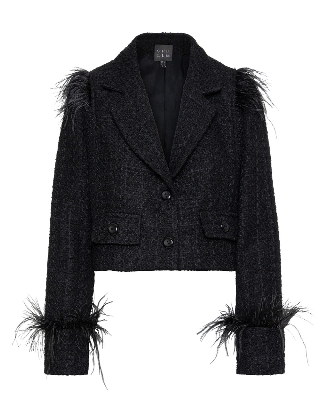 Tweed blazer with feather in black
