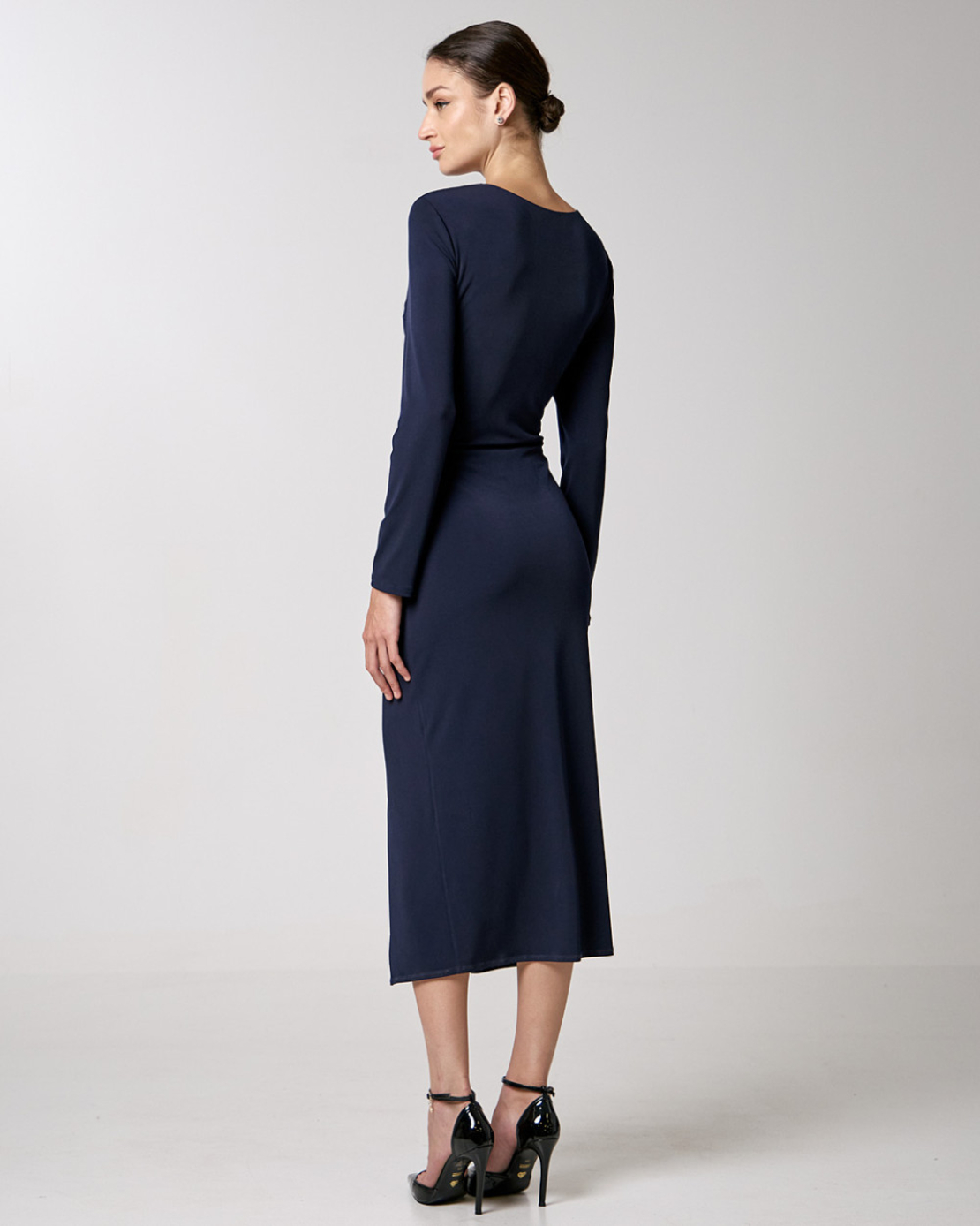 Front-gathered midi dress in navy