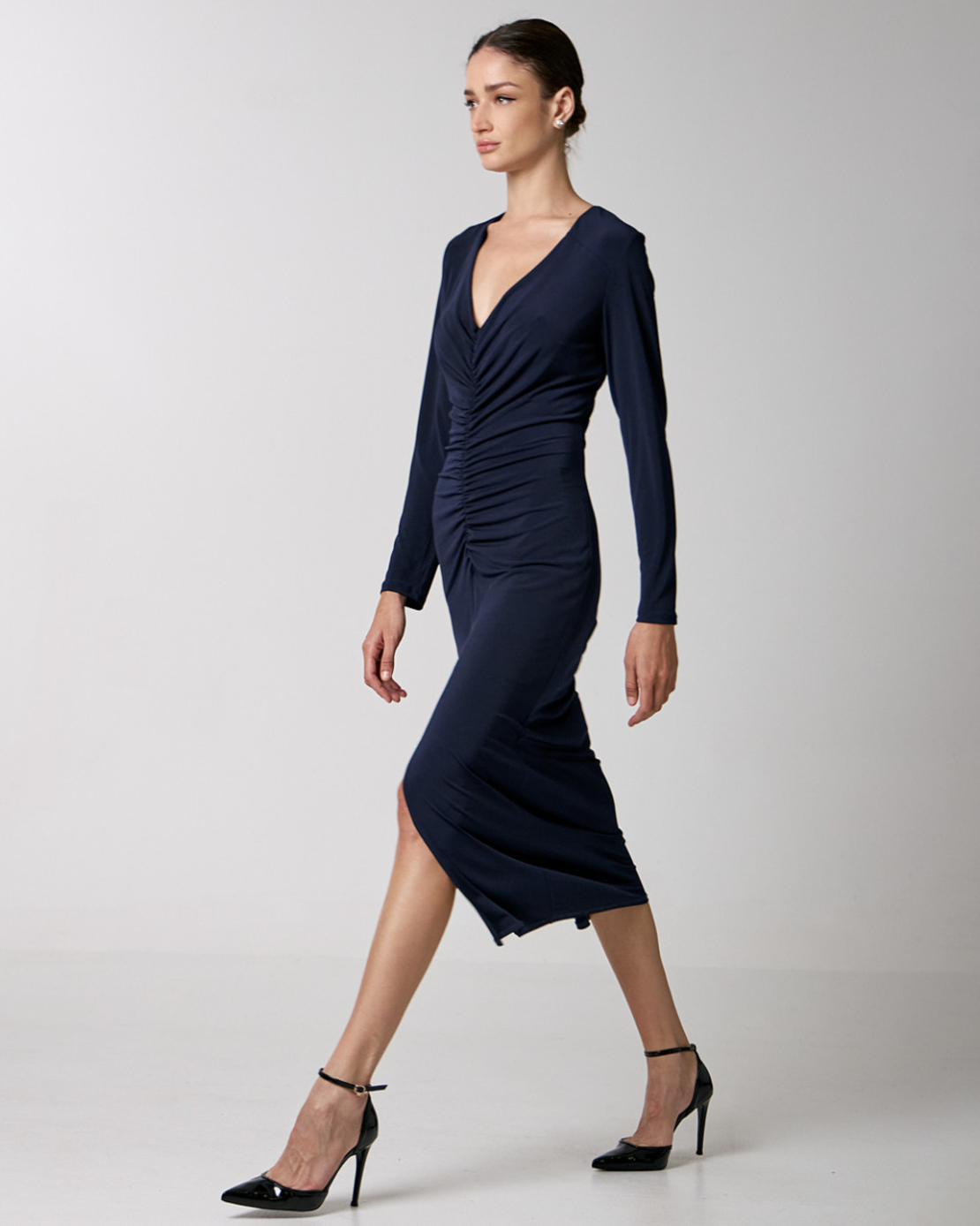 Front-gathered midi dress in navy