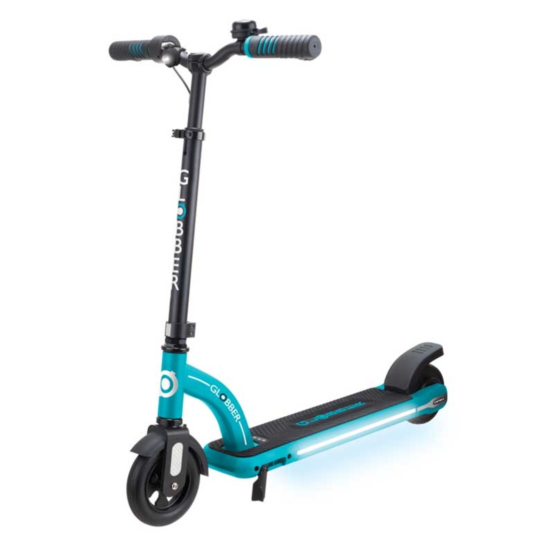 Електрическа тротинетка със светеща платформа GLOBBER E-MOTION 11 за деца над 8 години - синьо-зелена