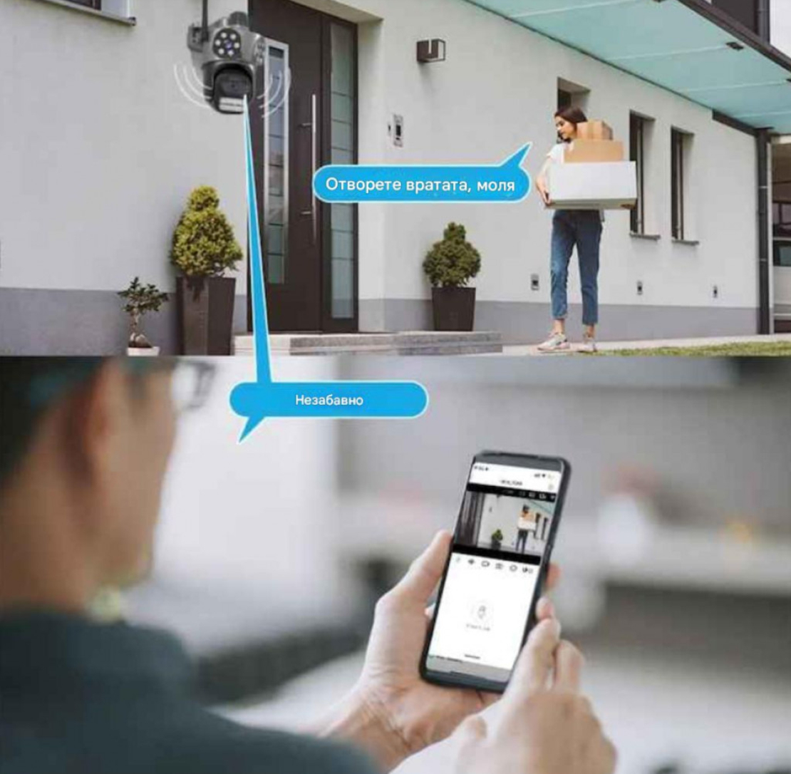 Тройна външна WiFi камера 9MP с аларма, 24 диода, iCSee, 64GB памет