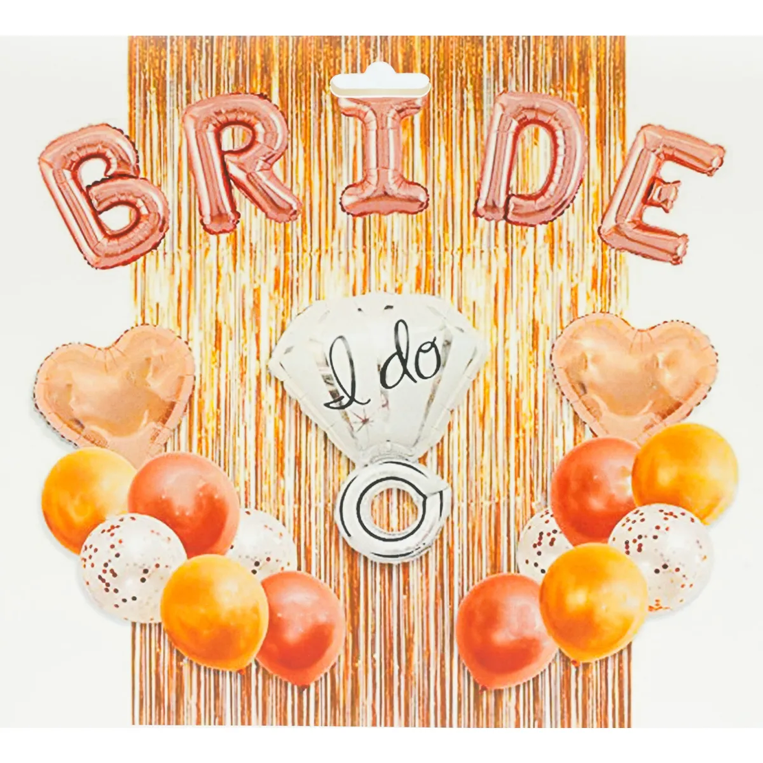 Комплект латексови балони с 12 балона, 2 сърца, халка и надпис BRIDE - 21 части