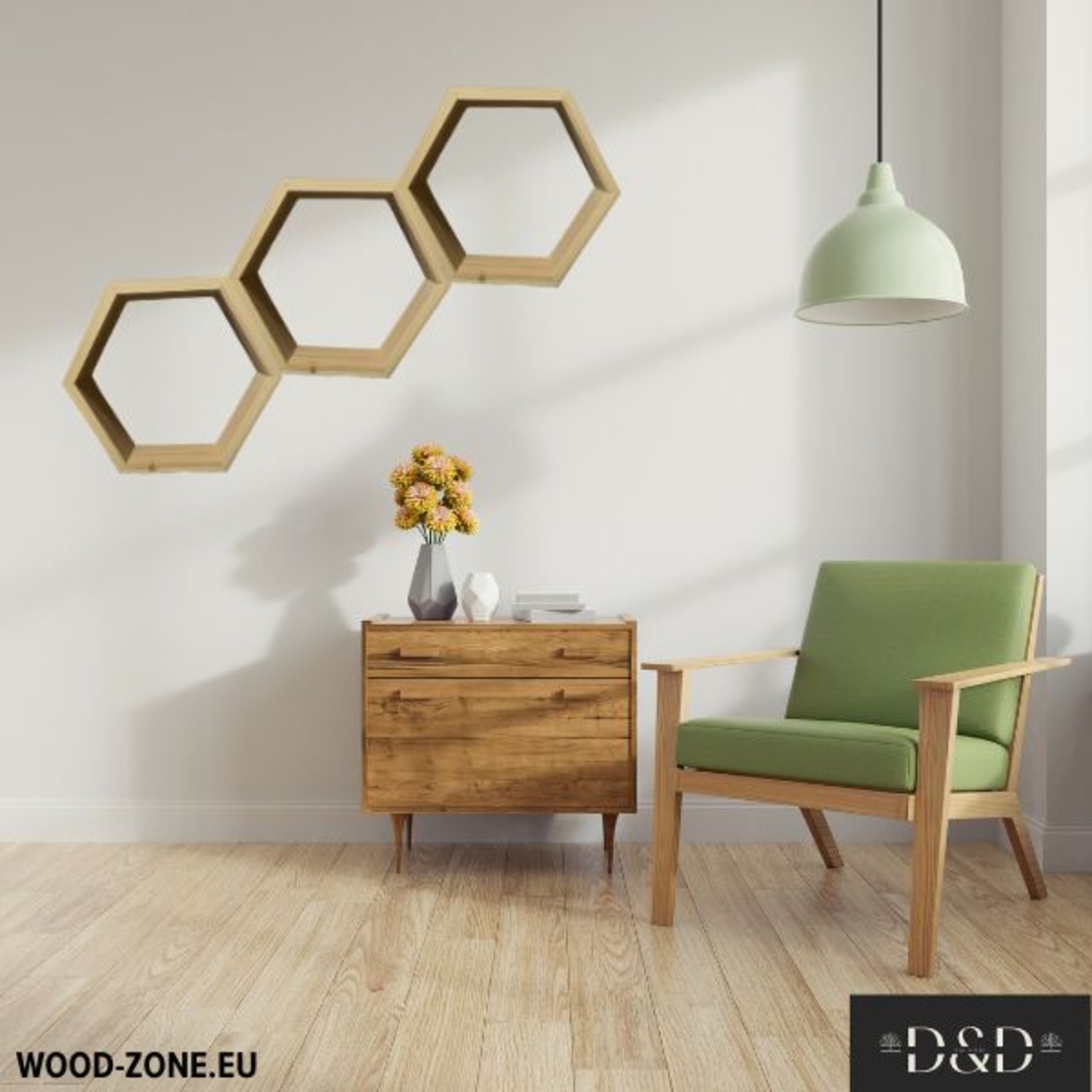 Шестоъгълен рафт от дърво 40x34,5x15 см