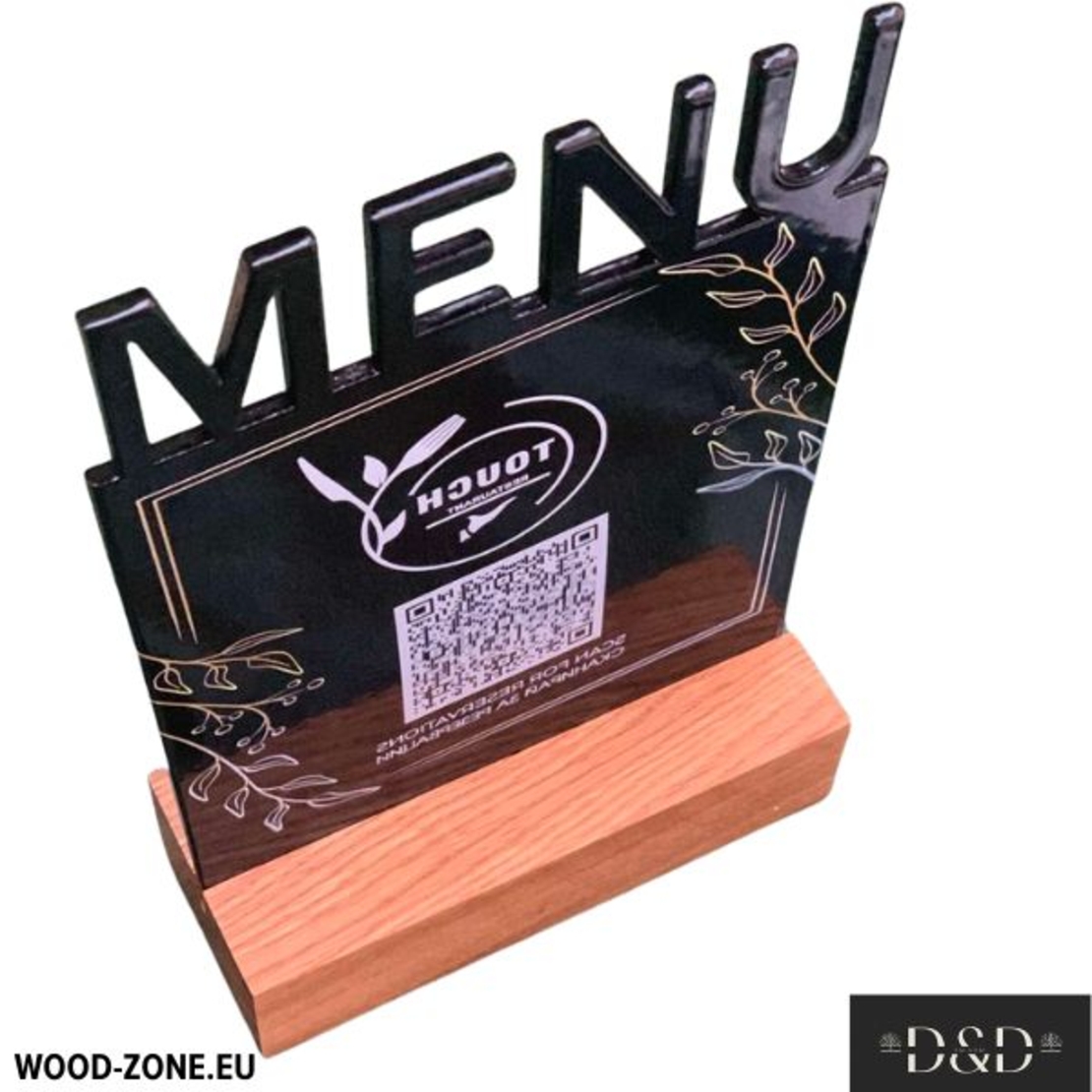 Дървена поставка за метално меню и QR код