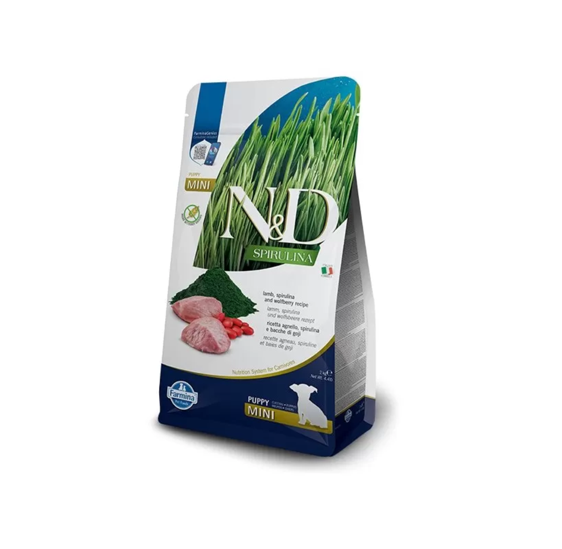 N&D SPIRULINA LAMB PUPPY MINI – храна за подрастващи кучета от малки породи с агнешко, спирулина и годжи бери