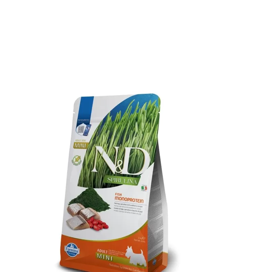 N&D SPIRULINA HERRING ADULT MINI – храна за кучета от малки породи с херинга, спирулина и годжи бери
