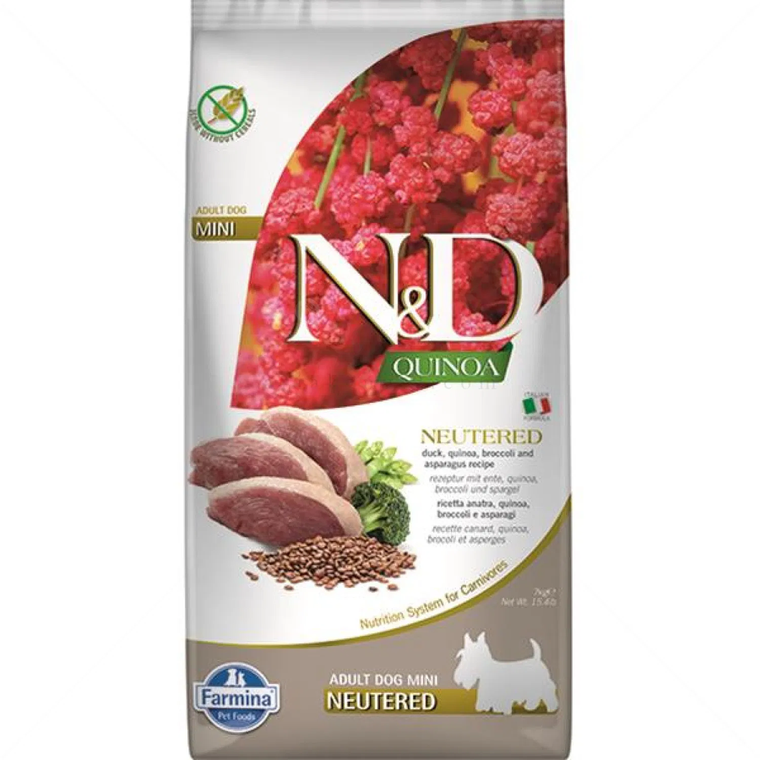N&D Quinoa NEUTERD Dog Adult MINI with Duck, Broccoli & Aspragus-Суха Храна за Кастрирани Кучета с Патешко