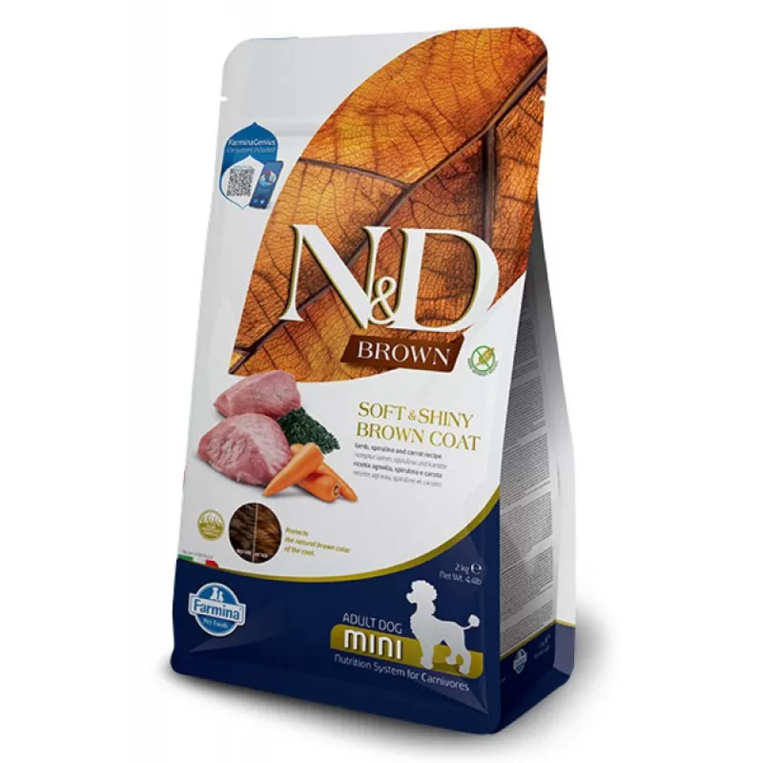 N&D Spirulina Brown Dog Lamb Adult Mini – Суха Храна без Зърнени Култури за Кучета с Кафява Козина от Мини Породи с Агнешко, Спирулина и Морков
