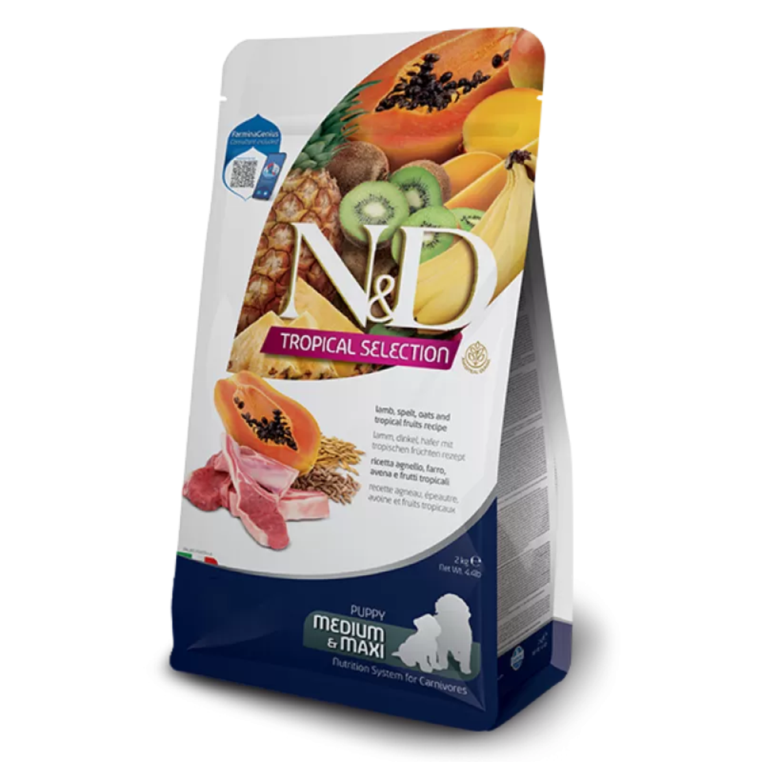 N&D Tropical Puppy Medium & Maxi Lamb – суха храна за подрастващи кученца от средни и едри породи с агнешко, спелта, овес и тропически плодове