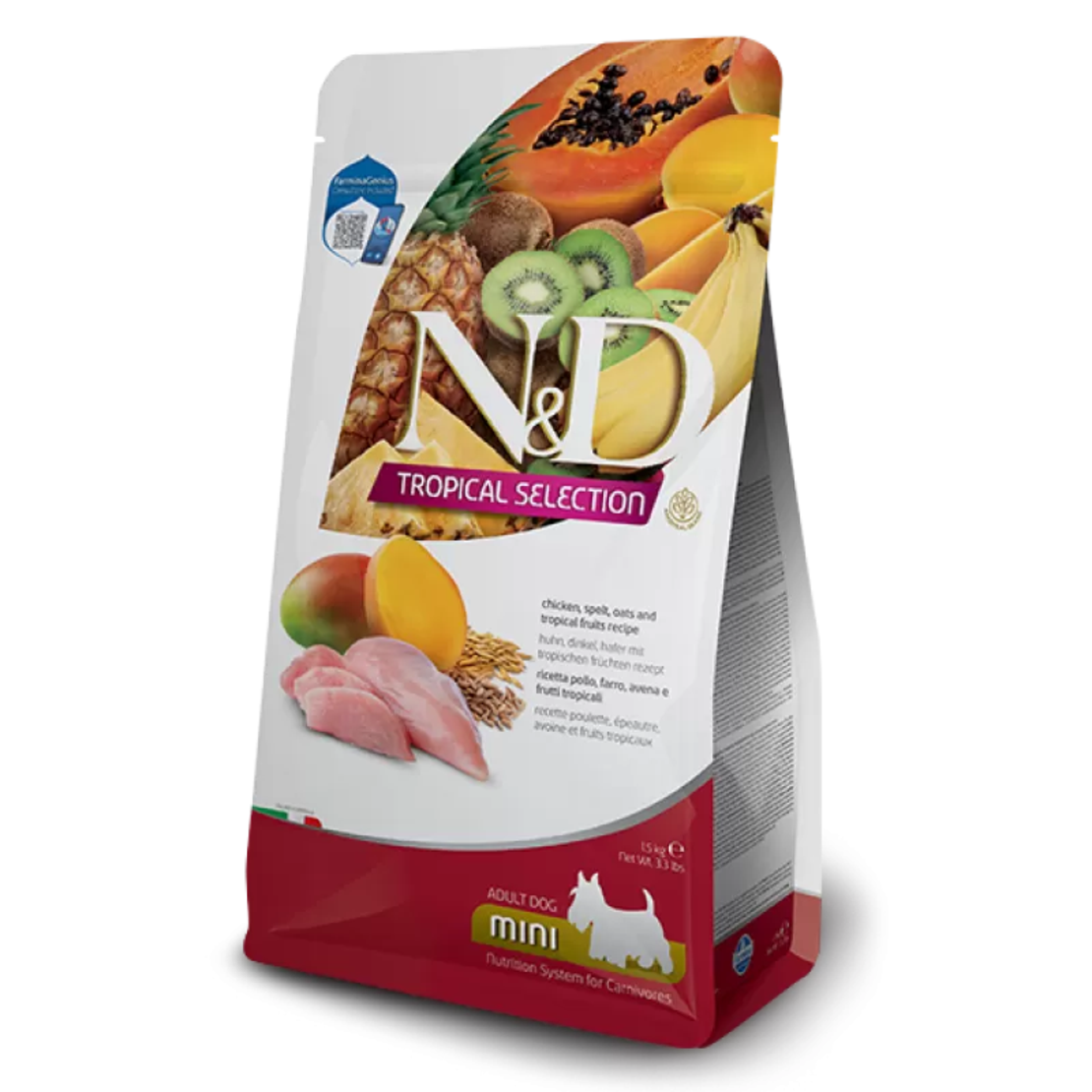 N&D Tropical Dog Adult MINI Chicken – суха храна за кучета над 1 година от дребни породи, с пилешко и тропически плодове N&D