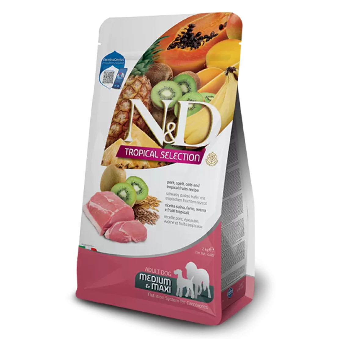 N&D Tropical Dog Adult Medium Maxi Pork – суха храна за кучета над 1 година от средни и едри породи, със свинско и тропически плодове