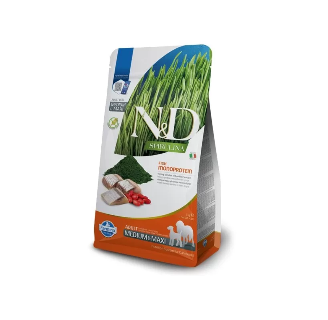 N&D SPIRULINA HERRING ADULT MEDIUM&MAXI – храна за кучета от средни и големи породи с херинга, спирулина и годжи бери