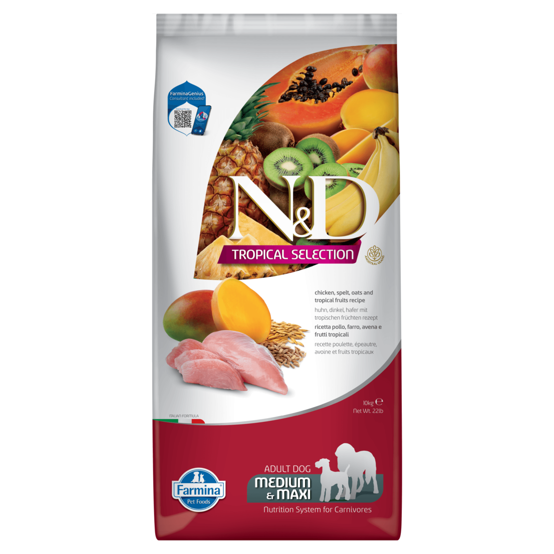 N&D Tropical Dog Adult Medium Maxi Chicken – суха храна за кучета над 1 година от средни и големи породи, с пилешко и тропически плодове