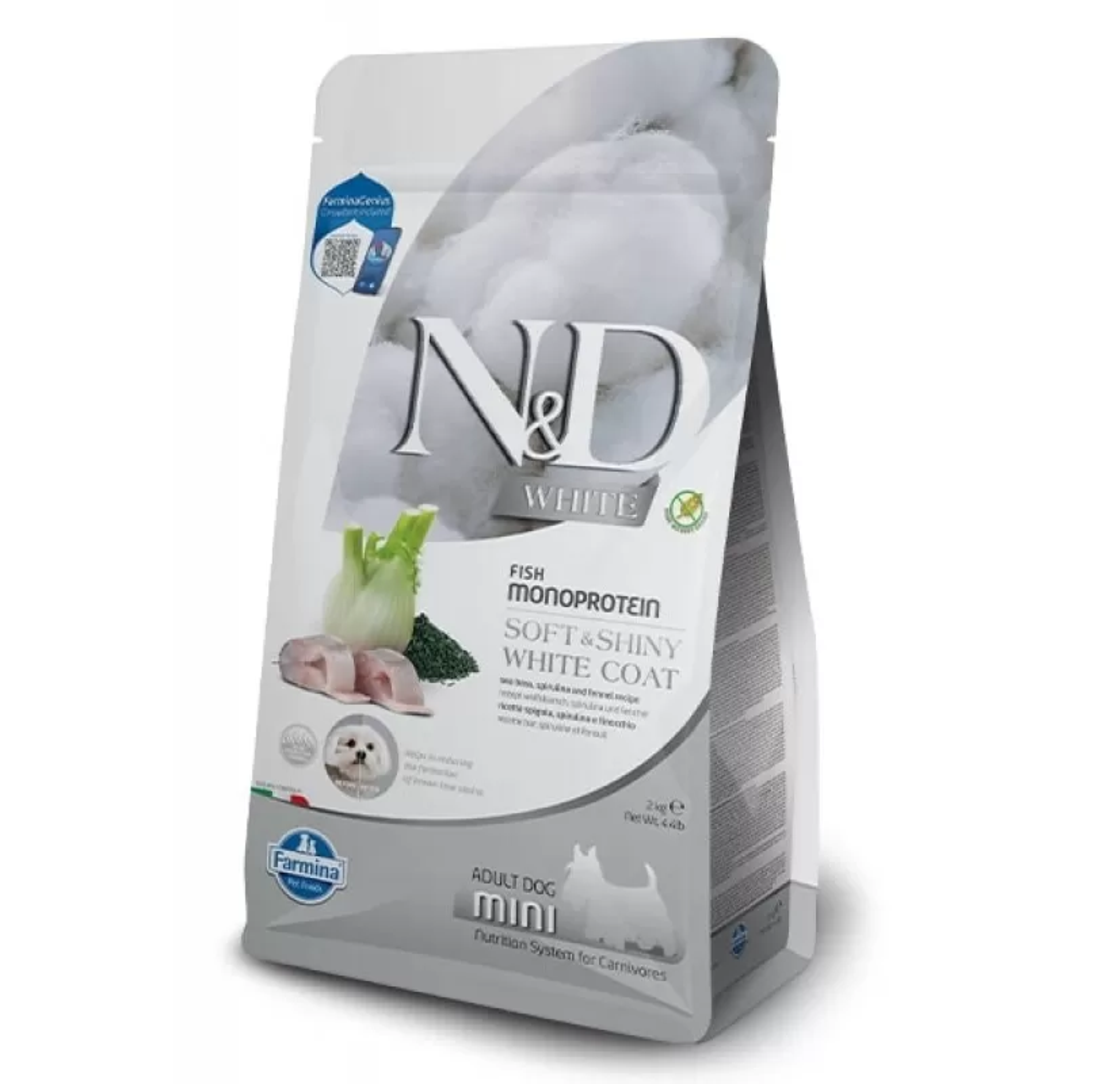 N&D Spirulina White Dog Sea Bass Adult Mini – Суха Храна без Зърнени Култури за Кучета с Бяла Козина от Мини Породи с Лаврак, Спирулина и Фенел