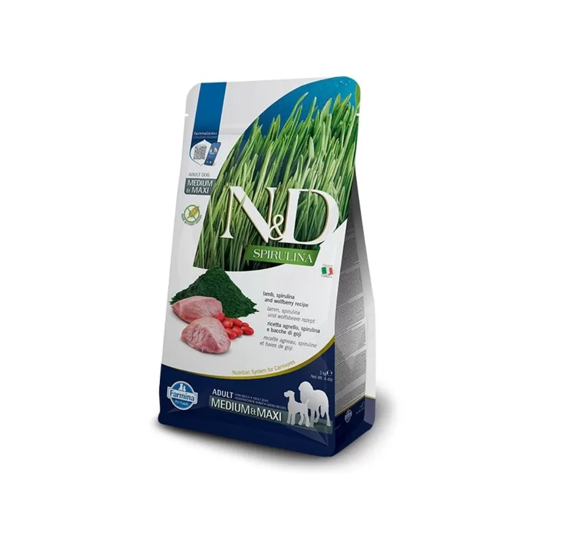N&D SPIRULINA LAMB ADULT MEDIUM&MAXI – храна за кучета от средни и големи породи с агнешко, спирулина и годжи бери