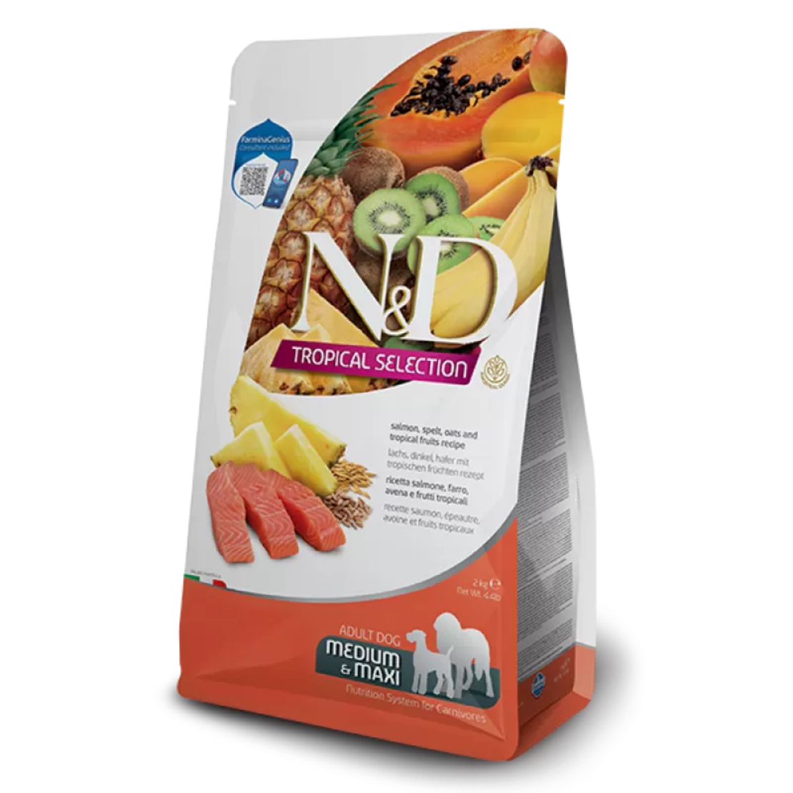N&D Tropical Dog Adult Medium Maxi Salmon – суха храна за кучета над 1 година от средни и едри породи, със сьомга и тропически плодове