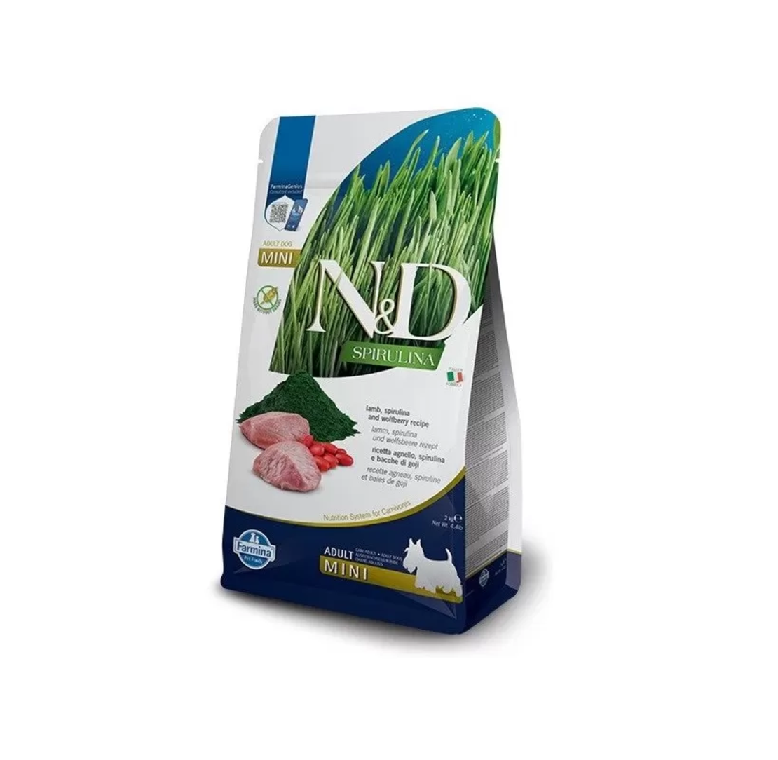 N&D SPIRULINA LAMB ADULT MINI – храна за кучета от малки породи с агнешко, спирулина и годжи бери