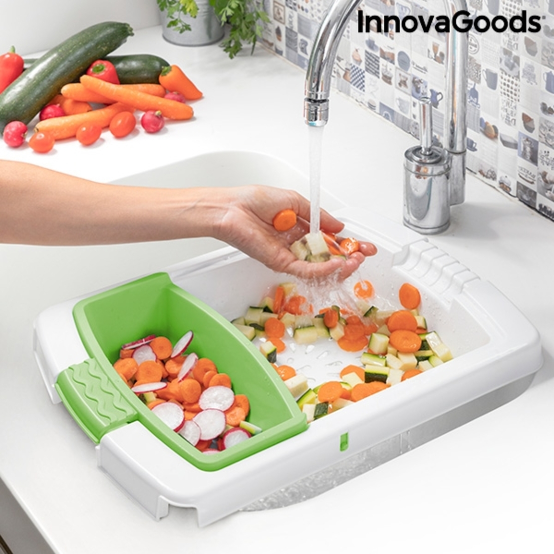 Разтегателна Дъска за Рязане с Тава, Контейнер и Сушилник 3 в 1 PractiCut InnovaGoods
