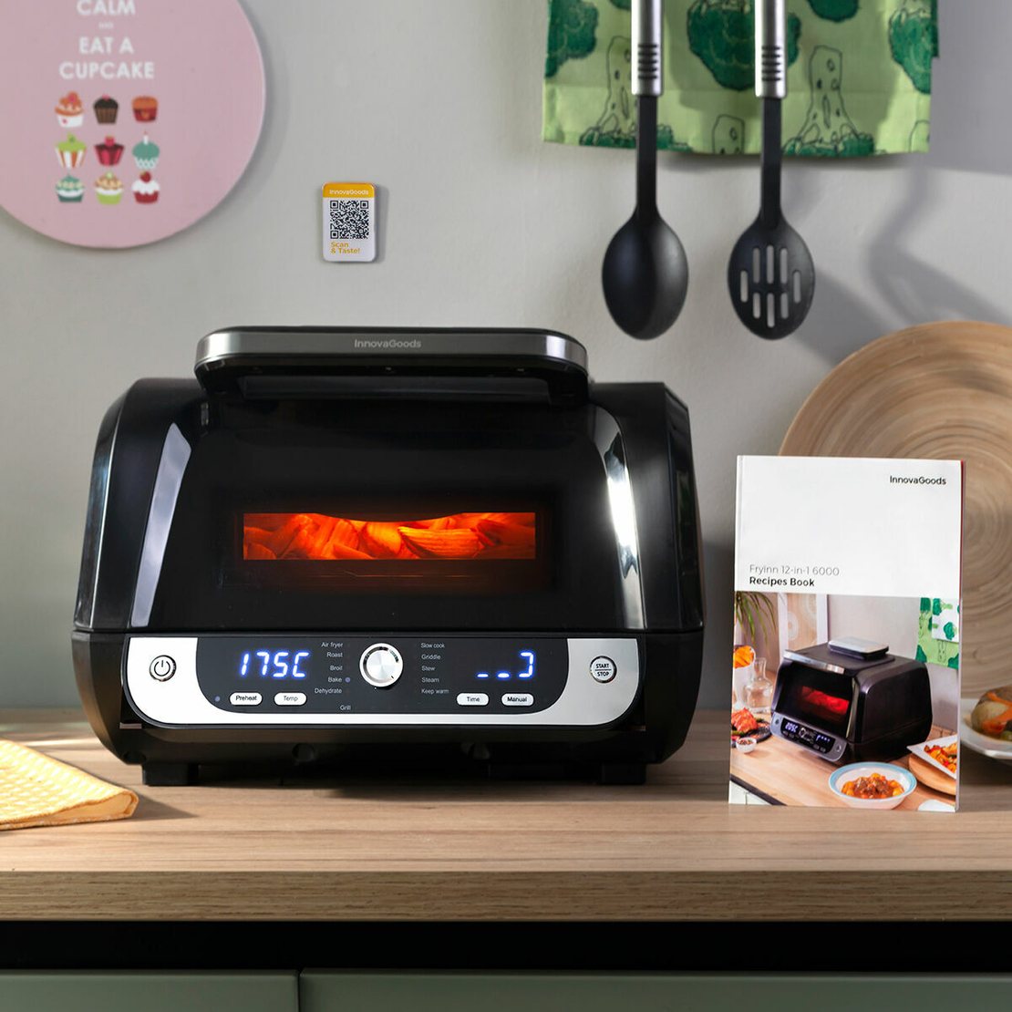 Фритюрник без масло с грил, аксесоари и книга с рецепти InnovaGoods Air Fryer Fryinn 12-in-1 6000 Черен Стомана 6 L 3400 W