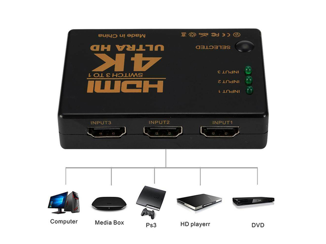 Превключете 3x на 1 hdmi 4k uhd сплитер + инфрачервено дистанционно