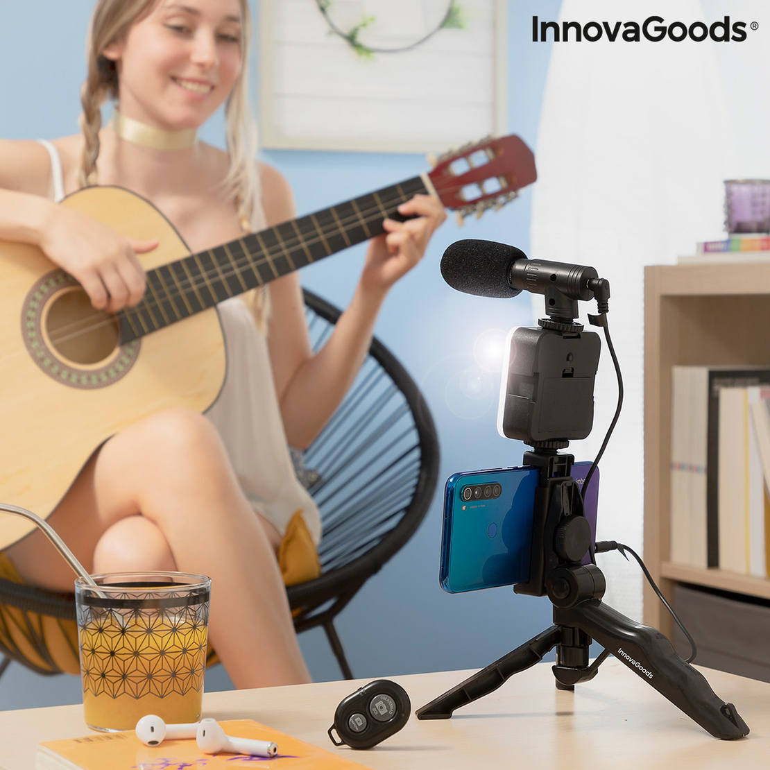 Комплект Vlogging със Светлина, Микрофон и Дистанционно Управление Plodni InnovaGoods 6 Части