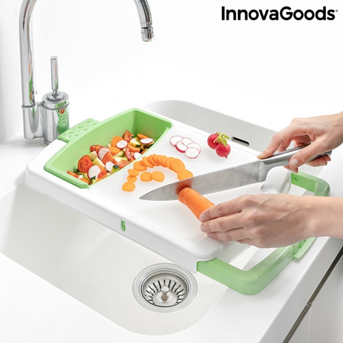 Разтегателна Дъска за Рязане с Тава, Контейнер и Сушилник 3 в 1 PractiCut InnovaGoods