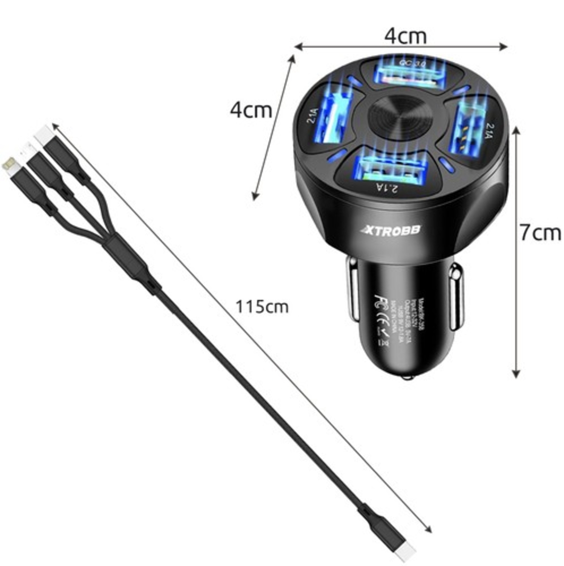4x USB зарядно за кола + кабел Xtrobb 19907