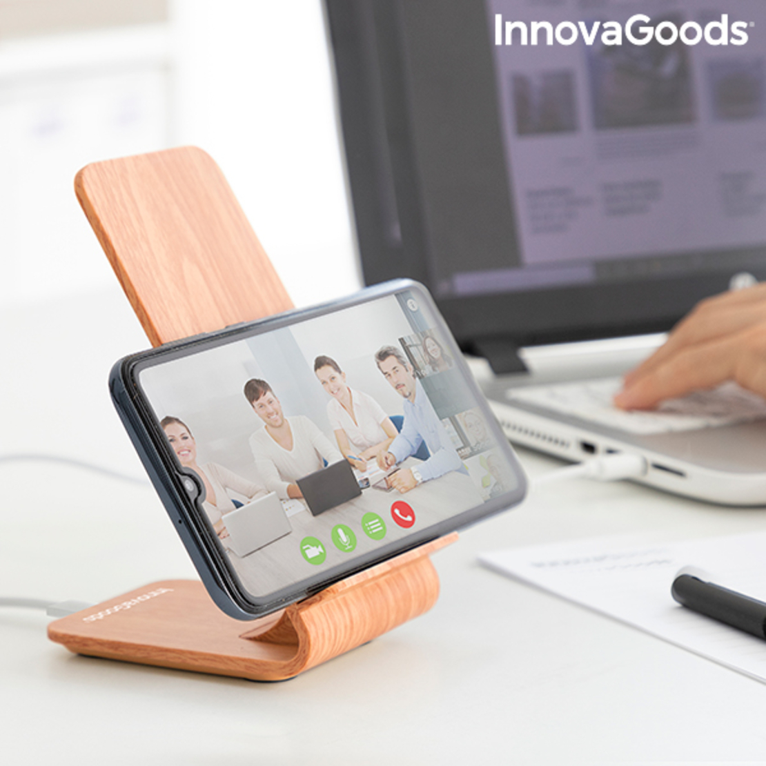 Безжично Зарядно Устройство с Дървесен Ефект с Поставка Qistan InnovaGoods