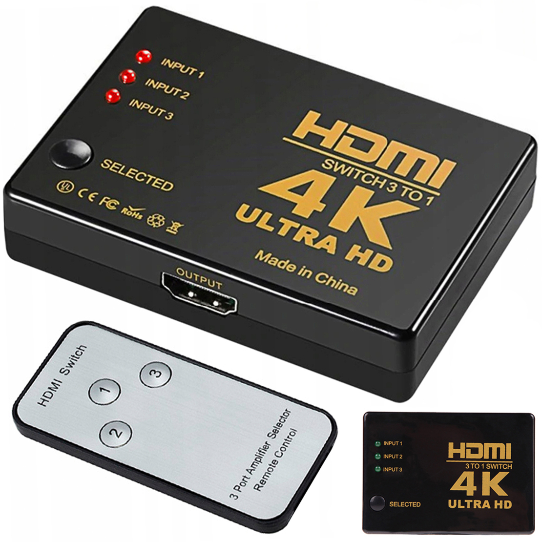Превключете 3x на 1 hdmi 4k uhd сплитер + инфрачервено дистанционно