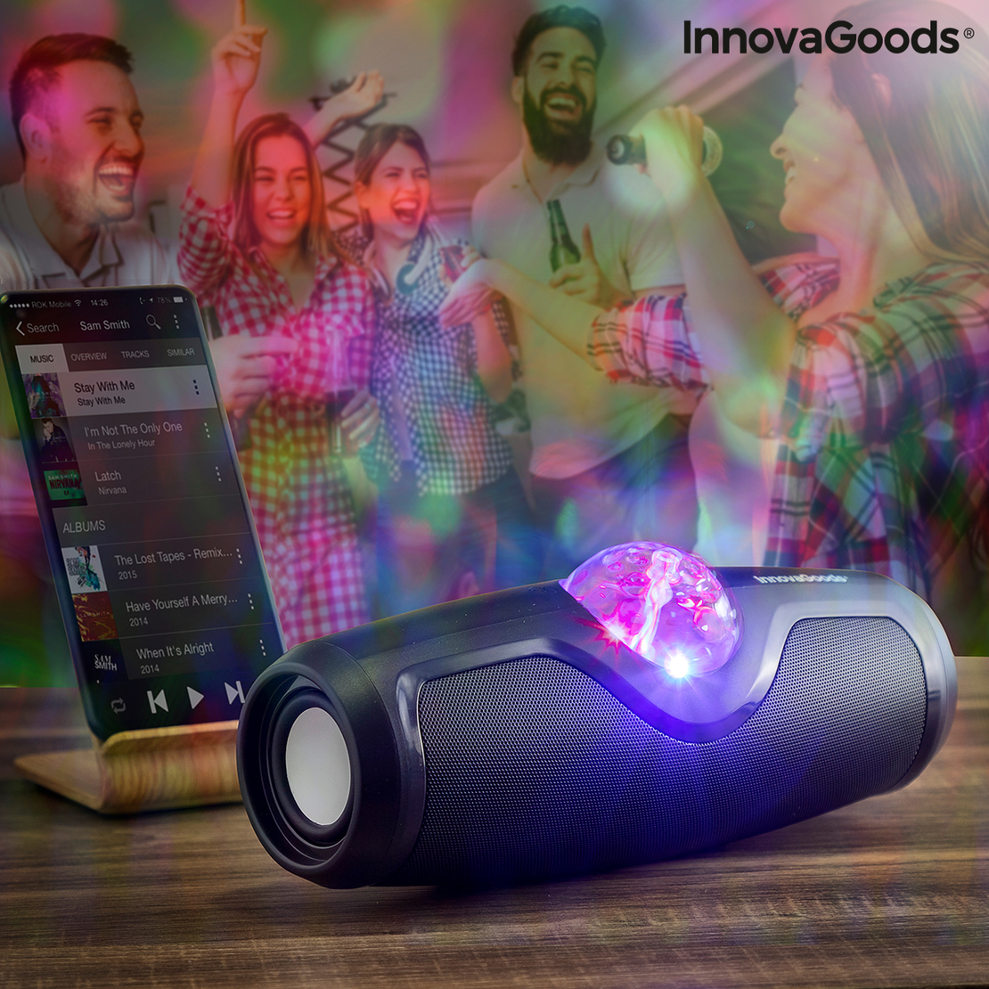 Безжичен акумулаторен високоговорител с диско светлини Waflash InnovaGoods