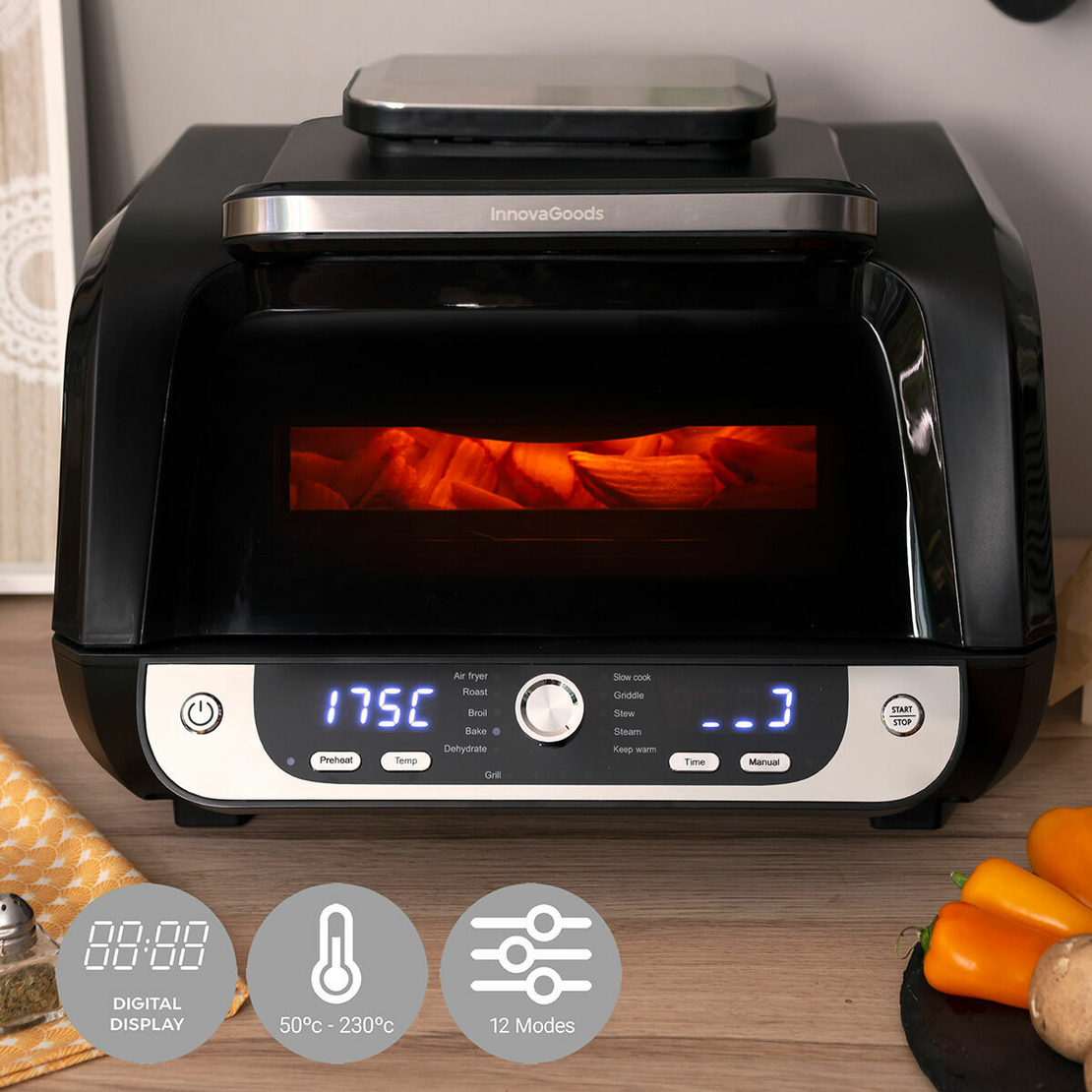 Фритюрник без масло с грил, аксесоари и книга с рецепти InnovaGoods Air Fryer Fryinn 12-in-1 6000 Черен Стомана 6 L 3400 W