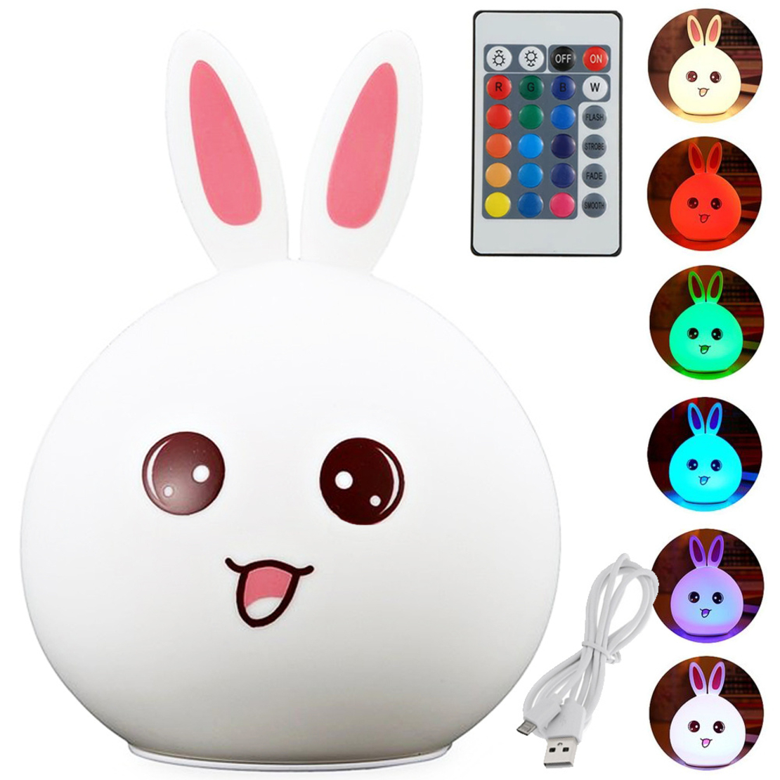 Детска нощна лампа led заек дистанционно rgb usb
