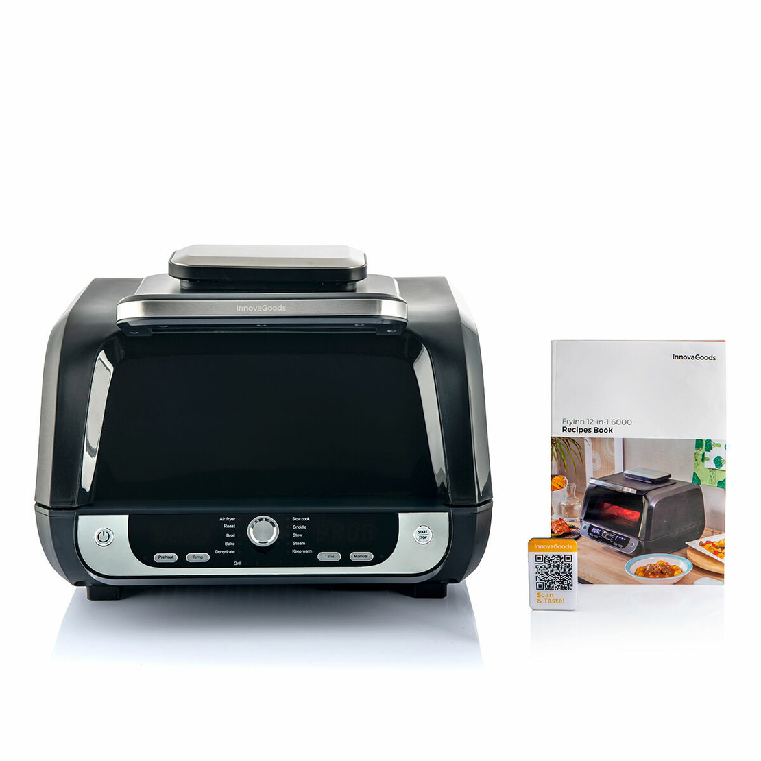 Фритюрник без масло с грил, аксесоари и книга с рецепти InnovaGoods Air Fryer Fryinn 12-in-1 6000 Черен Стомана 6 L 3400 W
