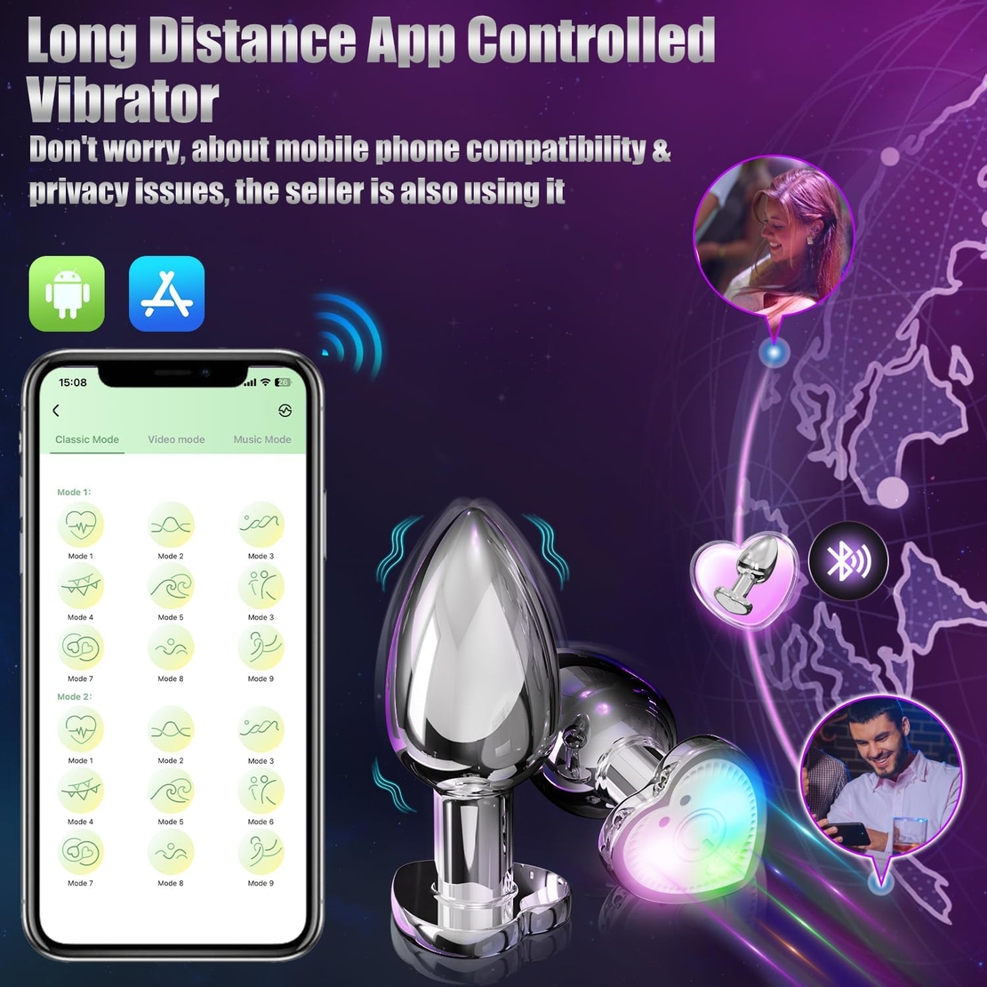 APP-Controlled Anal Vibrator with Heart-Shaped Light – Vibrating Metal Plug for Men and Women