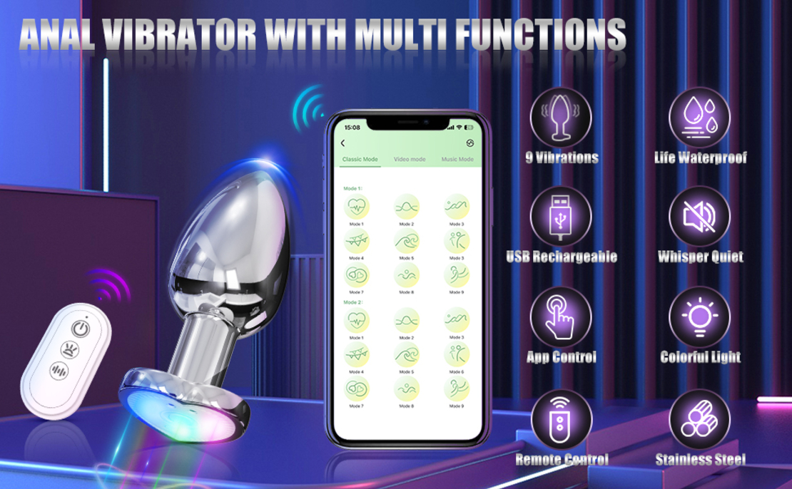 APP-Controlled Anal Vibrator with Heart-Shaped Light – Vibrating Metal Plug for Men and Women