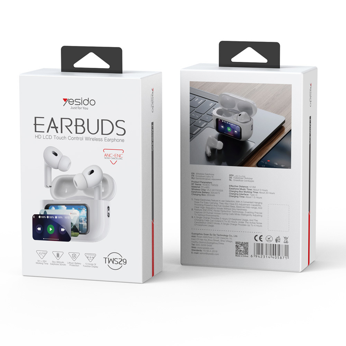 Yesido Bluetooth слушалки TWS29 ANC+ENC с LCD дисплей бели
