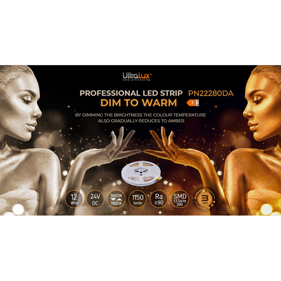 Професионална LED лента Dim-to-warm 5м  24V DC 120° 12W/m 1800K/3000K SMD 2216
