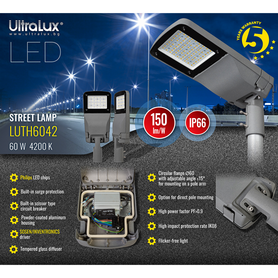 LED тяло за улично осветление IP66  220V-240V AC 150°x90° 60W 4200K SMD 3030