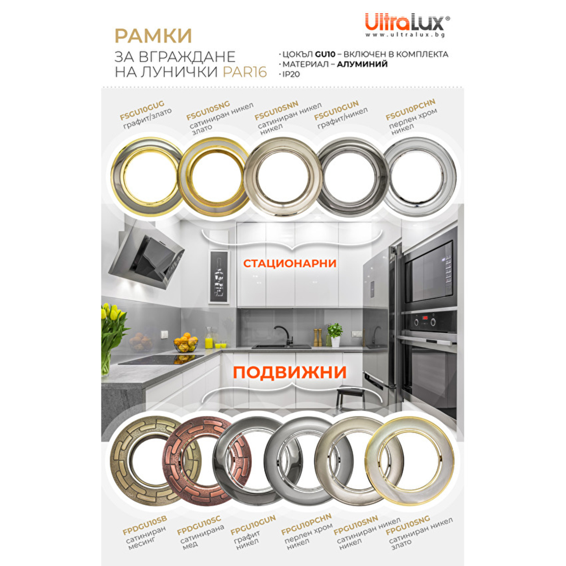 Рамка за вграждане IP20 кръг Gu10 стационарна перлен хром/никел