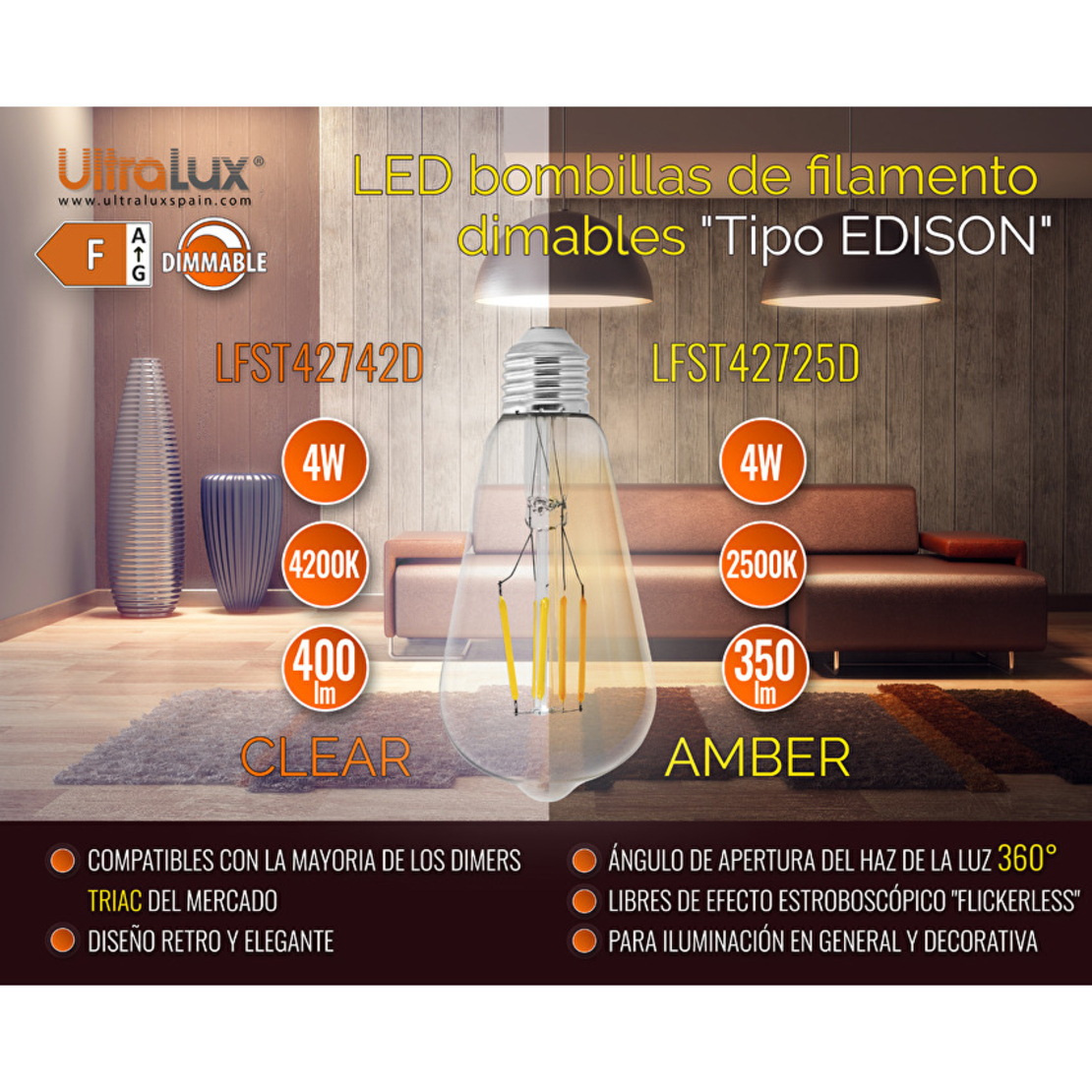 LED димиращ filament крушка амбър E27 220V-240V AC 360° 4W 2500К Filament