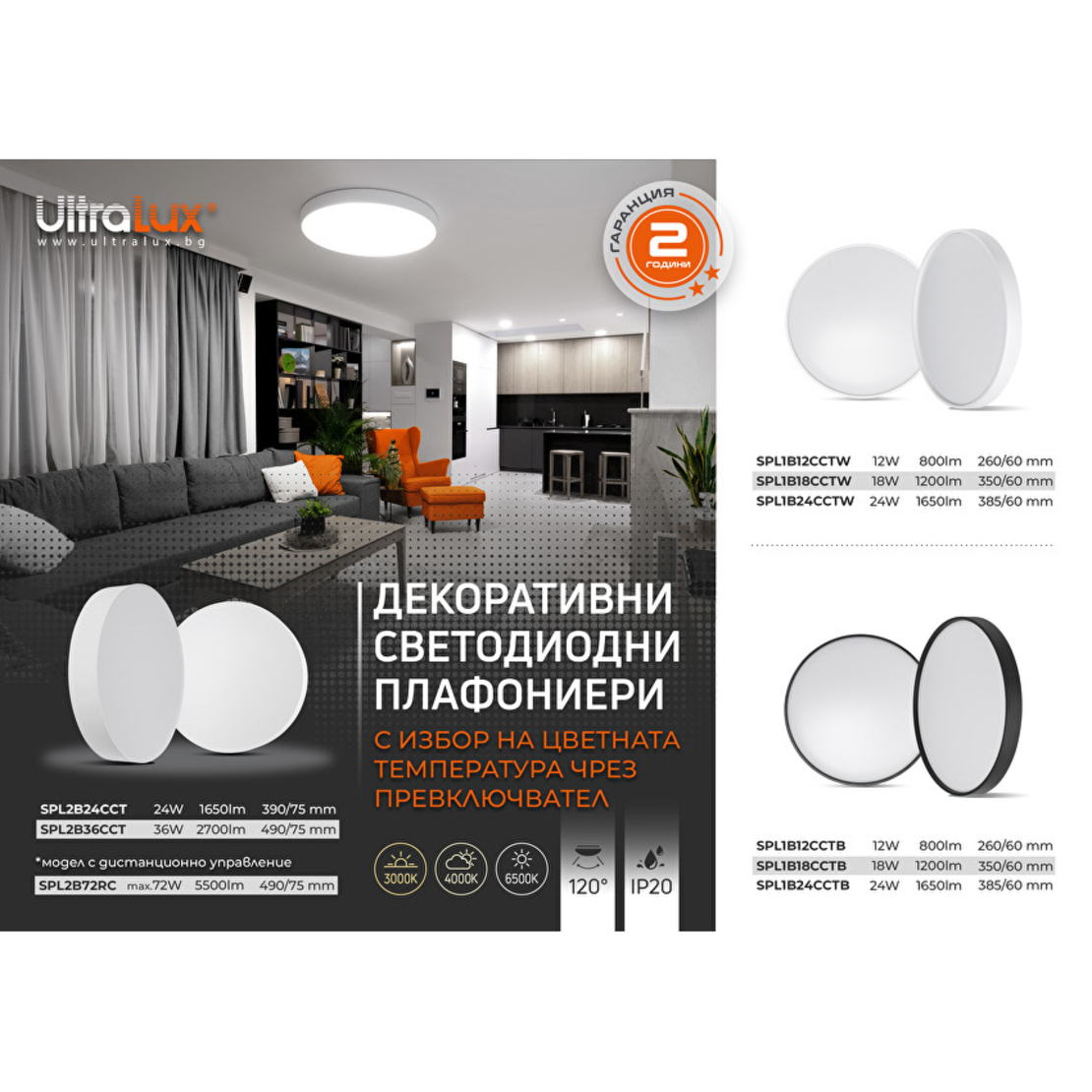 LED CCT плафониера черна 12W IP20 кръг  плафониера черна Кръг