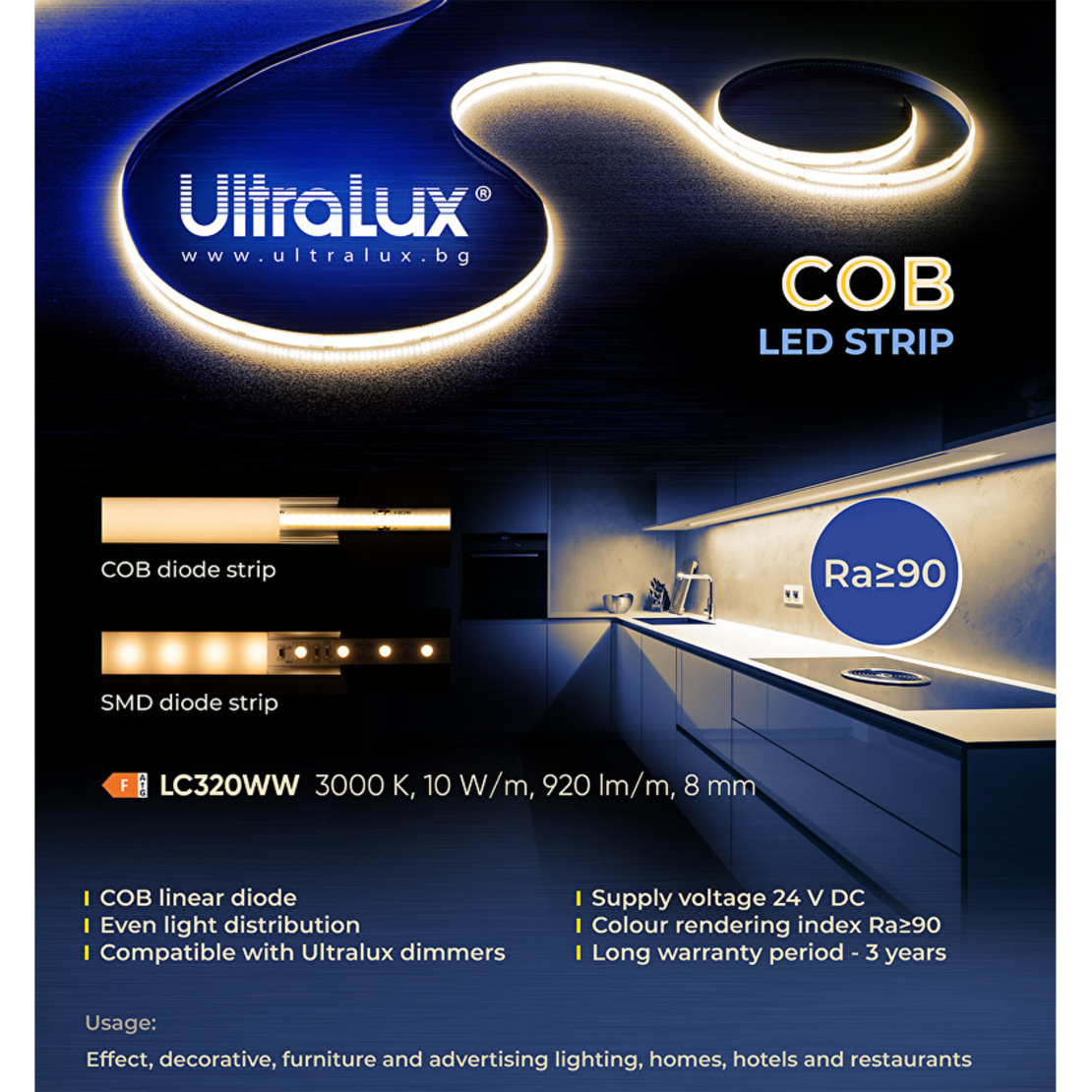 Професионална LED лента топло бяла 5м  24V DC 120° 10W/m 3000K COB
