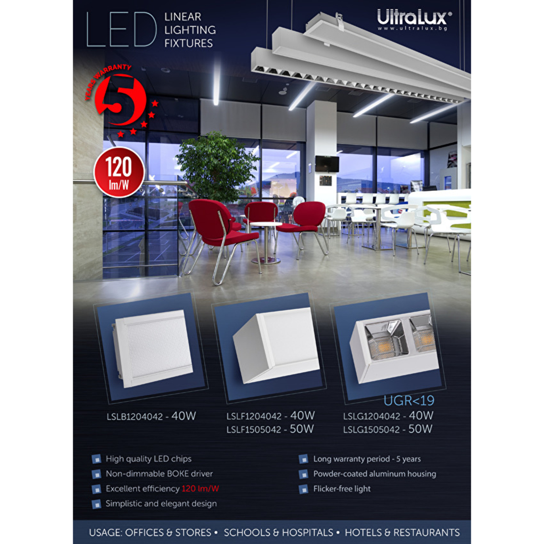 LED линейно осв.тяло, UGR<19, бяло, 1.2, IP20  220V-240V AC 65° 40W 4200K SMD 2835