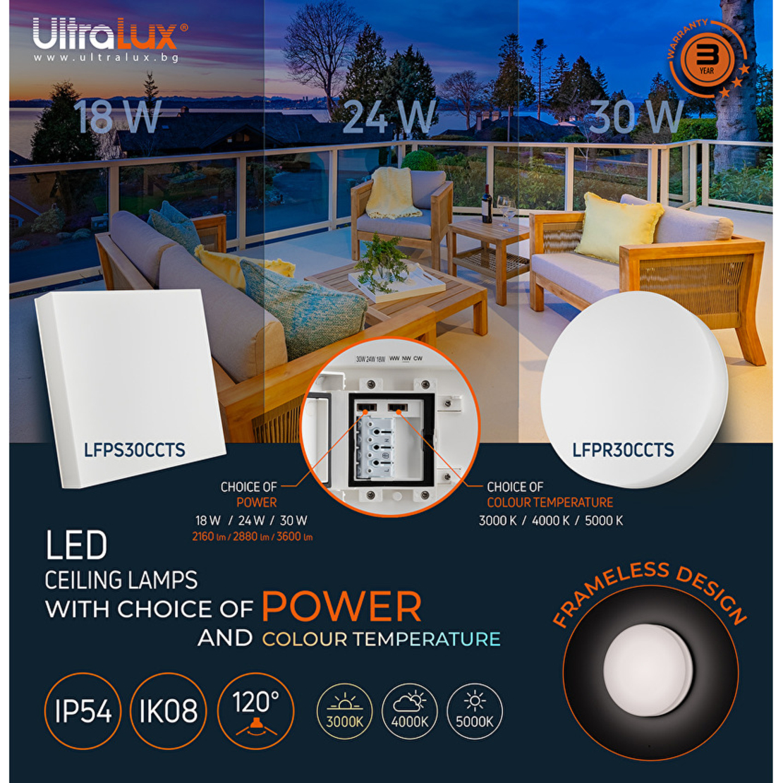 LED плафониера със сменяема мощност и цветна температура, 18/24/30W, 3000/4000/5000K, IP54, IK08,   бяла Квадрат